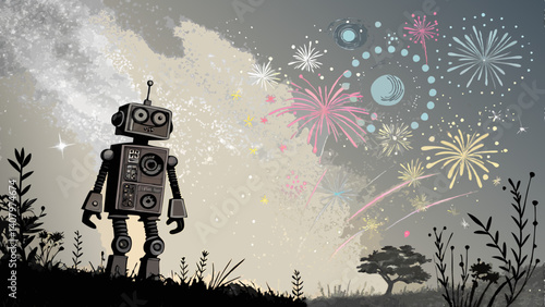 Watercolor robotic silhouette in silver-gray with colorful bursts – human-tech fusion with copy space  