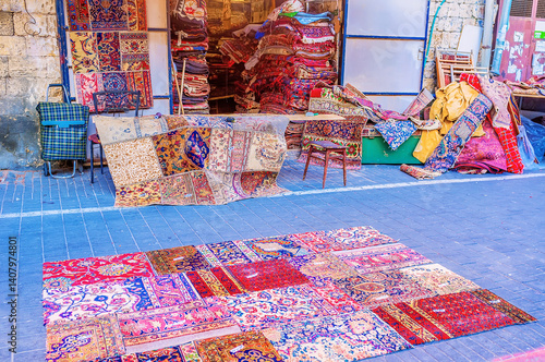 Obraz na płótnie The patchwork rugs in a rug stall of Jaffa flea market, Tel Aviv, Israel w salonie