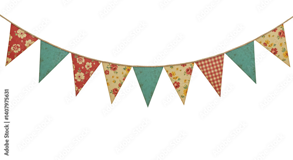 Fototapeta premium Triangular bunting flags in red, yellow, and green hues, feature patterns like florals and checks. Suspended on a string, these decorative elements embody a vibrant and festive aesthetic.