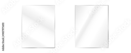 Glass effect, set of mirrors on transparent background, transparent glass showcase, mirror, window. Realistic glossy plate with glare, vector png.