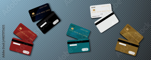 Set of mockups of credit and gift bank cards. Vector template of plastic bank cards png on transparent background.	