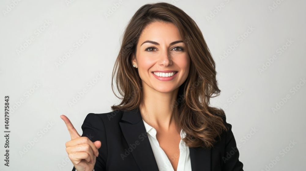 Confident woman in a black suit smiling and pointing up in a professional setting Confident woman in a black suit smiling and pointing up in a professional setting