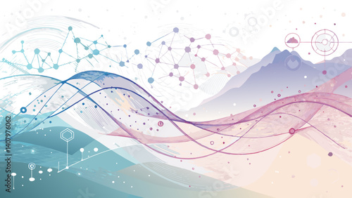 Algorithm background with flowing pastel lines symbolizing data processes – ethereal modern design with copy space 