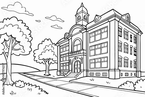 Coloring Pages, Scenery of a magnificent school, colorless, black and white