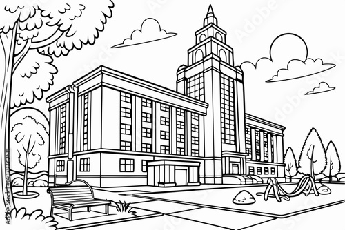 Coloring Pages, Scenery of a magnificent school, colorless, black and white