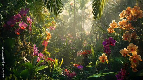 Fototapeta Naklejka Na Ścianę i Meble -  Lush tropical garden filled with vibrant orchids and foliage.