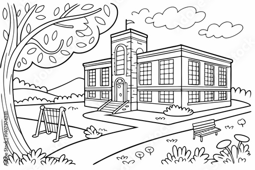 Coloring Pages, Scenery of a magnificent school, colorless, black and white