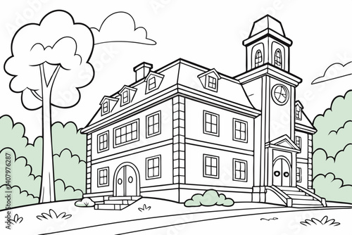 Coloring Pages, Scenery of a magnificent school, colorless, black and white