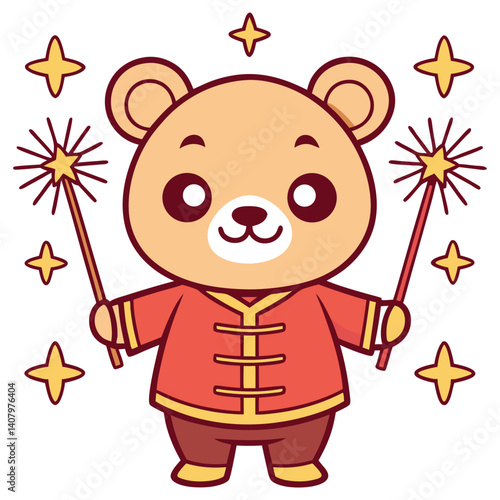 Cartoon Bear Holding Sparklers Wearing Asian Jacket with Starry Shapes Around