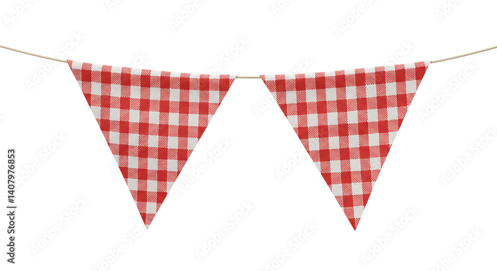 Fototapeta premium The red and white checkered pennant flags hang neatly on a string, radiating a playful and festive charm. Their bold yet classic design is perfect for creating a cozy and celebratory atmosphere.
