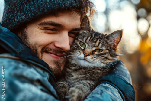 A person wearing a beanie is smiling while hugging a fluffy cat outside. Concept of friendship and pet companionship. For pet-related advertising.