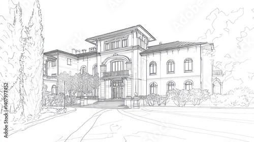 Wallpaper Mural Architectural sketch of a grand mansion with lush landscaping. Torontodigital.ca