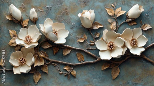 in this beautiful stucco relief magnolia blossoms are layered,are framed by waxy leaves,ivory petals