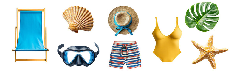 Set of summer beach vacation elements isolated on transparent background