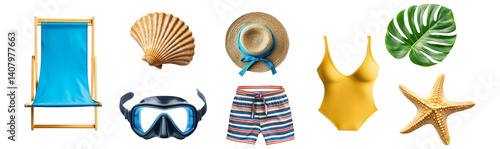 Set of summer beach vacation elements isolated on transparent background