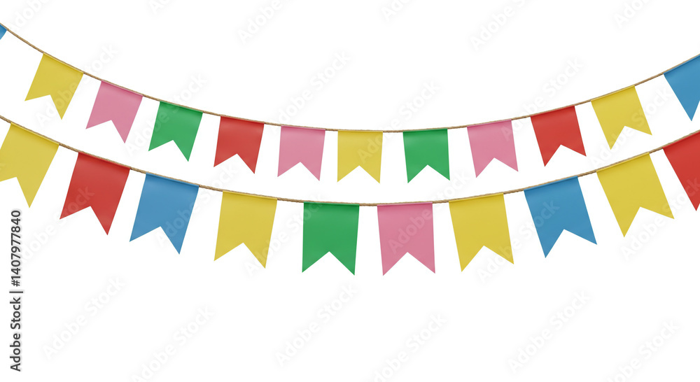 Obraz premium Strings of multicolored triangular pennants swing gently showing vibrant shades of red, yellow, blue, green, and pink Their festive charm evokes warmth and liveliness perfect for a joyful celebration