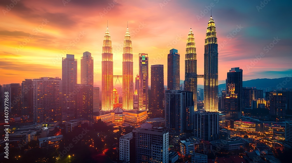 Fototapeta premium Skyscrapers glowing in warm sunset over urban skyline high resolution picture