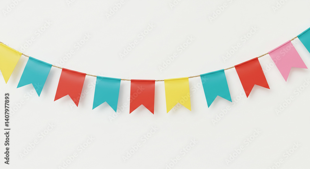 Obraz premium Strings of triangular pennants swing gently arranged with alternating bright tones of yellow pink blue and red These simple yet vibrant flags add playful energy to any cheerful event or gathering