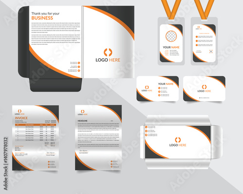 Brand ide Corporate brand identity template: business branding identity, with office stationery, file folder, business card, ID card, envelope, letterhead, and invoice design.	