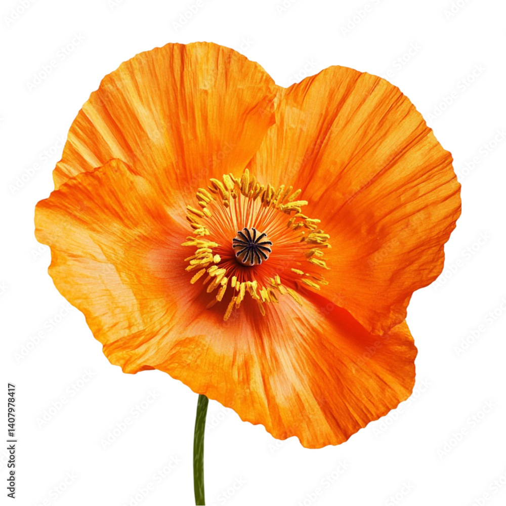 A vibrant orange poppy flower blossoms against a black background showcasing its delicate petals and intricate center