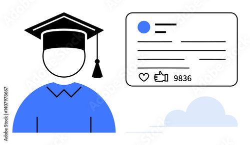 Graduate avatar wearing cap displayed alongside profile details, thumbs ups, and followers with cloud element. Ideal for education, social media, online learning, career growth, achievements