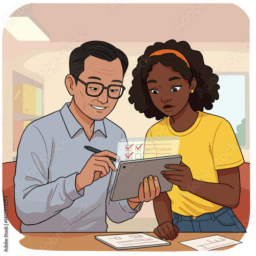 Collaborative Learning: A seasoned mentor patiently guides a young student, pointing out key details on a tablet screen, emphasizing the power of collaboration and individual attention.  