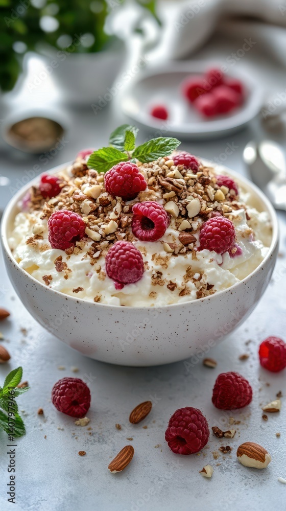 Delicious bowl of yogurt topped with fresh raspberries and granola on a light countertop Delicious bowl of yogurt topped with fresh raspberries and granola on a light countertop