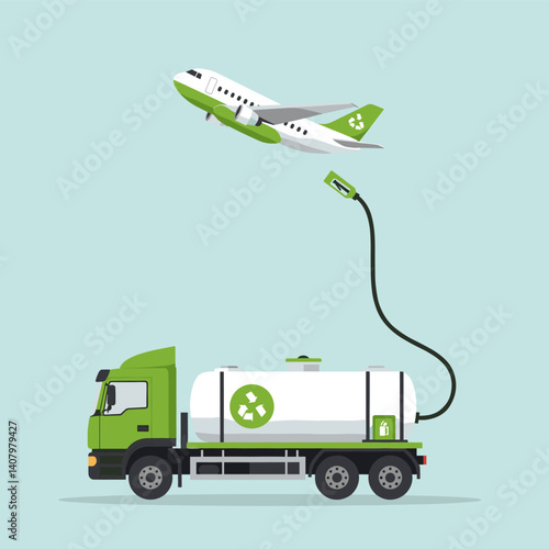 Sustainable Aviation: A green-colored jet airplane is refueling from a fuel tanker. Embracing a greener future.