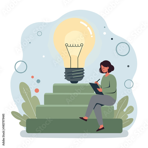 Illuminating Idea: A woman sits atop a staircase, illuminated by a giant lightbulb representing an innovative concept, illustrating the process of ideation and problem-solving.