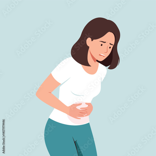 Silent Suffering: A visual representation of a woman experiencing stomach pain, her face etched with worry as she clutches her abdomen.