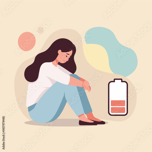 Depressed Woman Illustration: A visual representation of fatigue and sadness, a woman sits hunched over, exhausted with low battery, surrounded by soft shapes in an illustration.