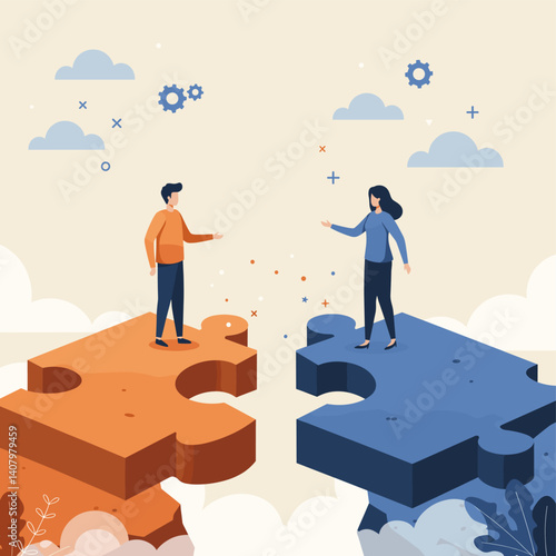 Bridging the Divide: A visual metaphor of collaboration, a vibrant illustration features two individuals standing on puzzle pieces, symbolizing connection and unity to build together.