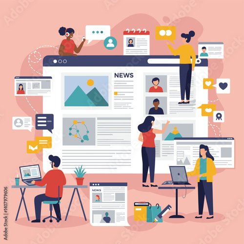 Online News Platform Collaboration: A vibrant illustration captures a team of individuals engaged in a dynamic news platform, fostering communication and teamwork within a digital realm. 