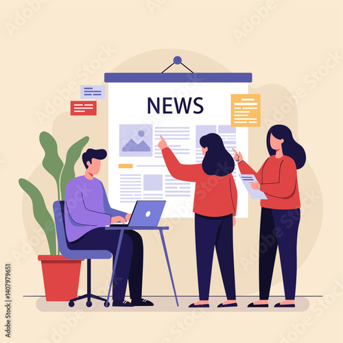 Team in Newsroom: A team of journalists collaborates in a modern newsroom environment. The scene captures the essence of teamwork, information dissemination, and media.