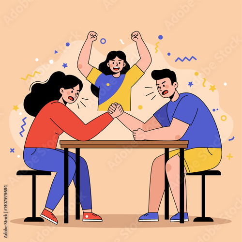 Arm Wrestling Showdown: A gripping illustration depicts a determined arm wrestling match between two individuals, with another person cheering them on from above.