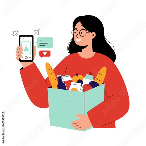 Online Grocery Shopping: A cheerful woman, holding a digital device, happily displays a box filled with groceries, representing the convenience and ease of modern online shopping.