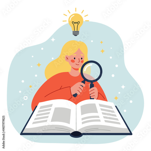 Girl Discovering Knowledge: A young girl with blonde hair is engrossed in a large open book, using a magnifying glass to examine its contents. Above her.