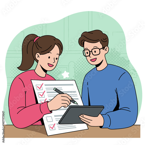 Teamwork and Planning: Two professionals are deeply engaged in a collaborative discussion about a document filled with checklists and tasks, symbolizing teamwork and meticulous planning.