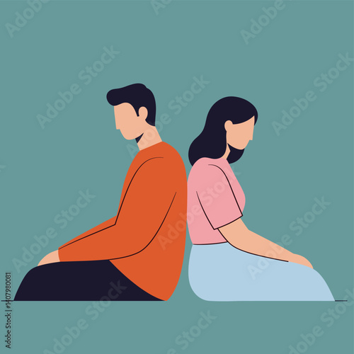 Distance & Disconnect: An Illustration of Emotional Separation. A stylized representation of a man and a woman sitting back to back, symbolizing emotional distance, relationship challenges.