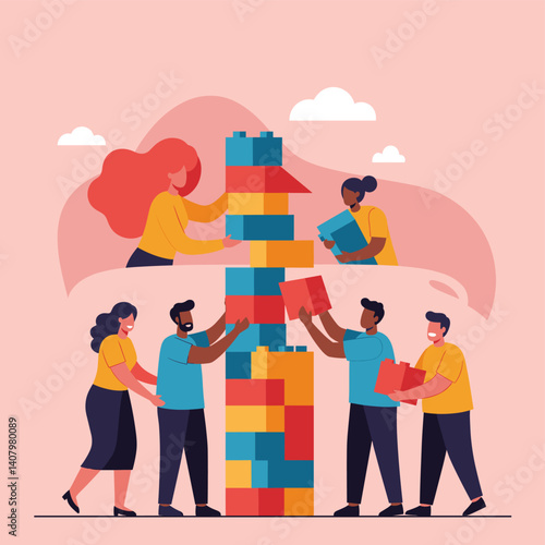 Building Blocks of Teamwork: A vibrant illustration depicts a team working collaboratively to build a towering structure with building blocks, symbolizing unity, cooperation, and shared goals. 