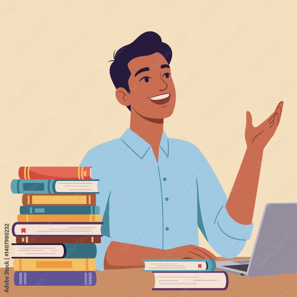 Knowledge and Creativity: A young man sits at a desk surrounded by a stack of books, working on a laptop, his expression radiant with inspiration. Knowledge and Creativity: A young man sits at a desk surrounded by a stack of books, working on a laptop, his expression radiant with inspiration.