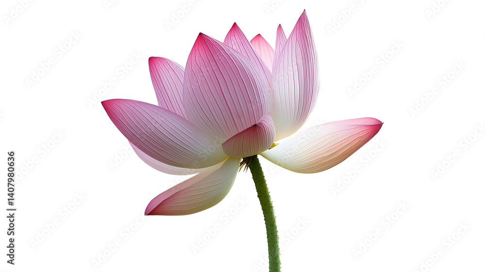 Fototapeta premium A single pink flower with a white stem. The flower is the main focus of the image. The flower is in the center of the image and is surrounded by a white background