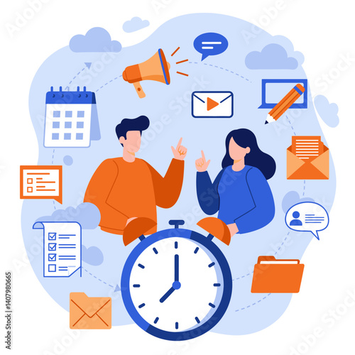 Efficient Communication: A dynamic duo collaborates around a striking clock, orchestrating a symphony of announcements, ideas, and timelines for a perfect project.