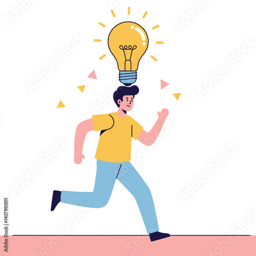 Illuminating Idea: An artistic rendering of a man in mid-stride, with a glowing lightbulb suspended above his head. The artwork symbolizes a moment of sudden inspiration, idea and innovation.