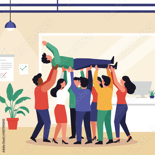 Triumphant Team Celebration: A diverse group of colleagues jubilantly hoists a coworker into the air, signifying unity, support, and accomplishment in a modern office setting.