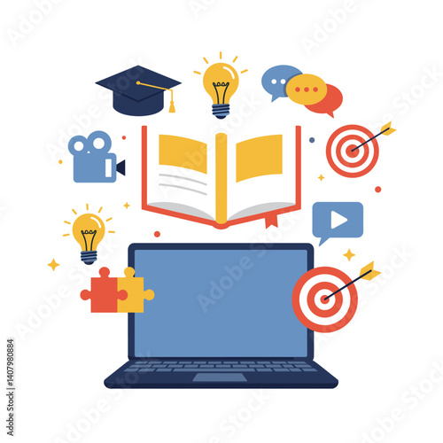 Digital Learning World: An illustrative composition unveils a world of digital learning, showcasing a laptop surrounded by education symbols, reflecting the modern essence of online education.