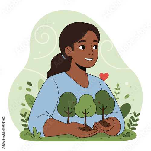 Woman and her Green world: A caring figure holds tree saplings, symbolizing environmental protection and cultivating nature's resilience.