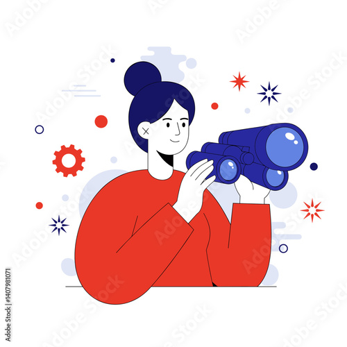 Visionary Outlook: An illustrated depiction of a focused woman peering through binoculars, embodying foresight and exploration.