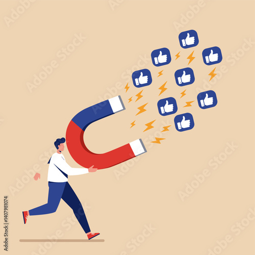 Attracting Likes: A businessman runs, wielding a powerful magnet attracting a flurry of likes, symbolizing the pursuit of online popularity and engagement.