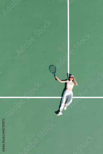 Young woman relaxing on tennis court holding racket after match